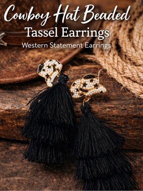 Cowboy Hat Beaded Tassel Earrings - Black -